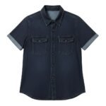 Dark blue denim short-sleeve button-up shirt with pointed collar and two flap chest pockets