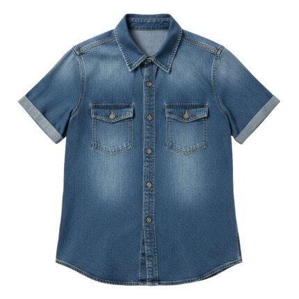 Blue short-sleeve denim button-up shirt with pointed collar and two chest pockets.