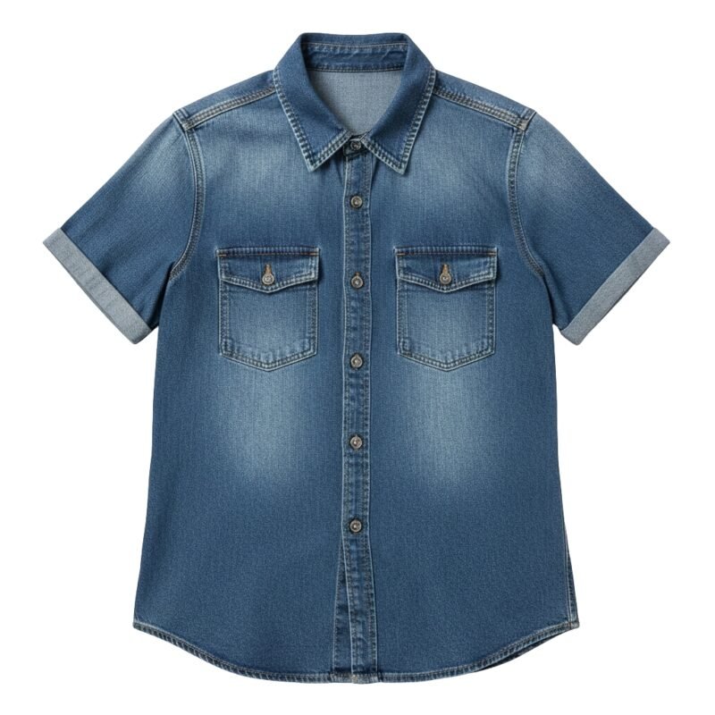 Blue short-sleeve denim button-up shirt with pointed collar and two chest pockets.