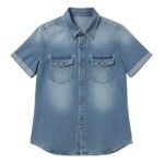 Light blue wash denim short-sleeve button-up shirt with pointed collar and two chest flap pockets