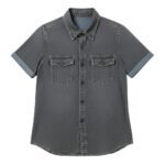 Dark gray denim-style short-sleeve button-up shirt with pointed collar and two chest flap pockets