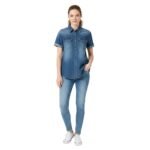 Blue short-sleeve denim button-up shirt with pointed collar, front button placket, and two chest pockets.