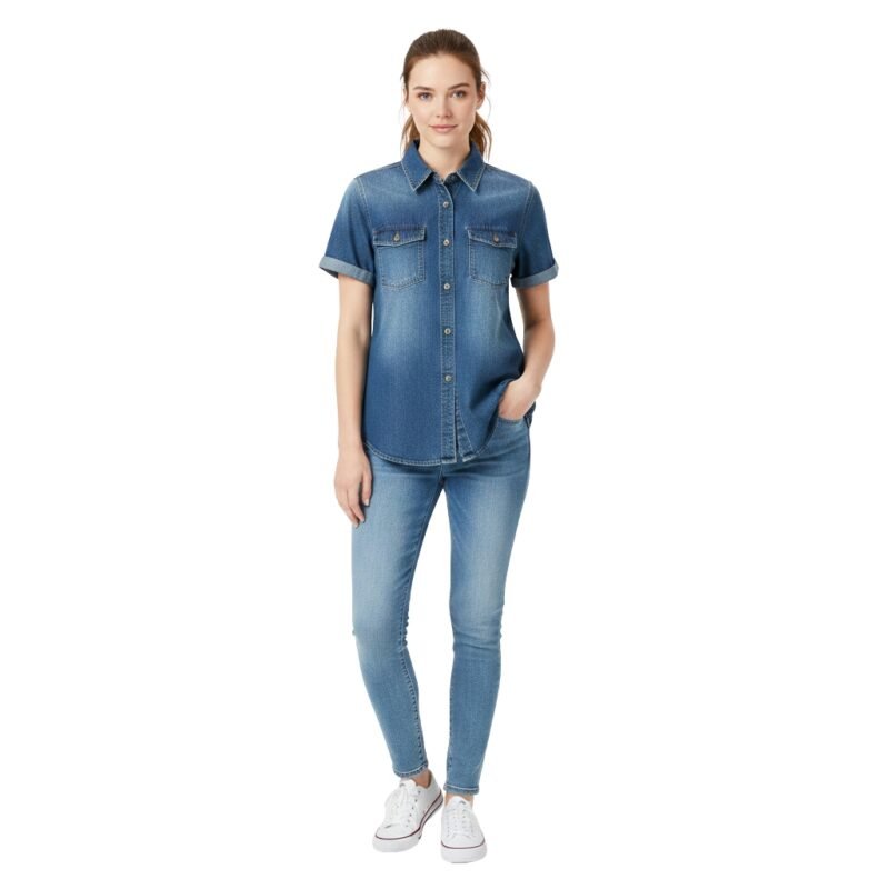 Blue short-sleeve denim button-up shirt with pointed collar, front button placket, and two chest pockets.