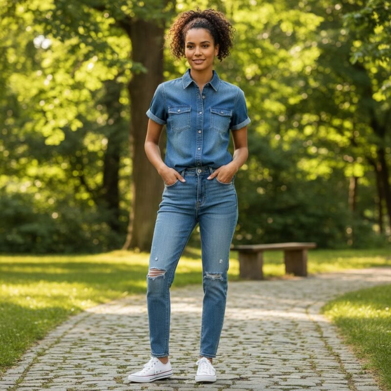 Blue denim-style short-sleeve button-up shirt with pointed collar and chest button pockets
