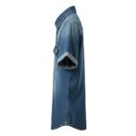 Light blue short-sleeve denim button-up shirt with flap chest pockets and a pointed collar.