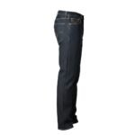 Slim-fit raw denim jeans standing upright, side view, on white background.