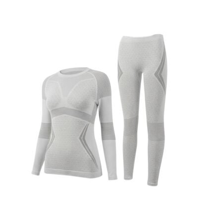 Long-sleeve seamless grey women’s ski base layer top and matching leggings, front view on a white background.