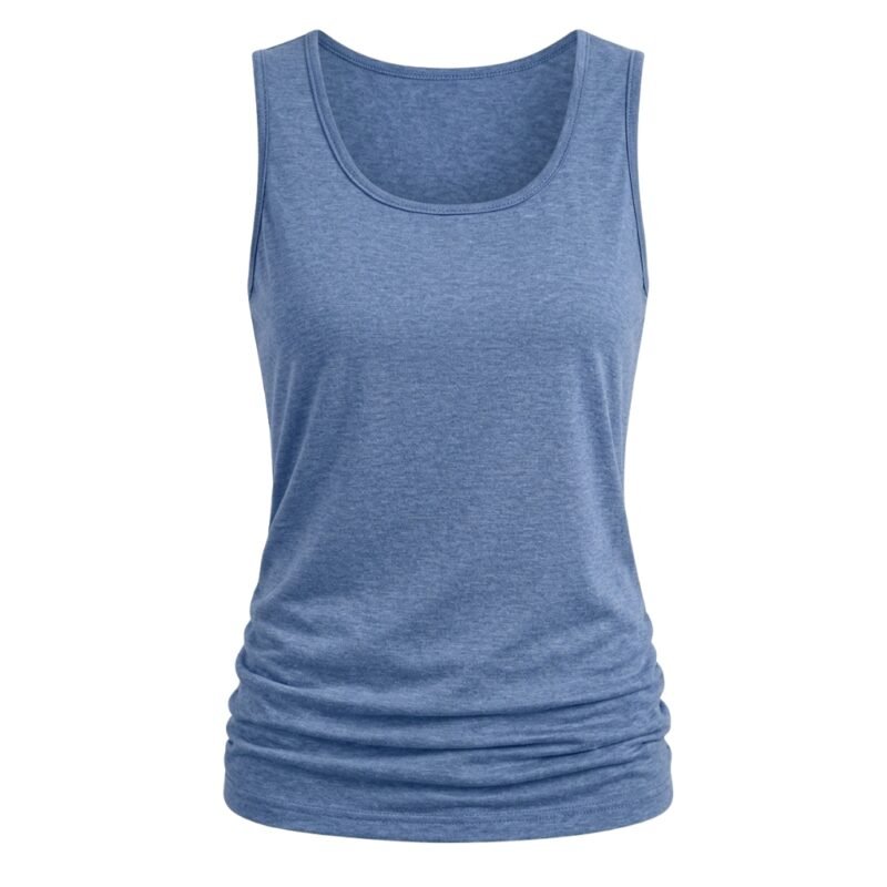 Front view of a woman wearing a fitted athletic tank top and leggings, standing in a relaxed pose