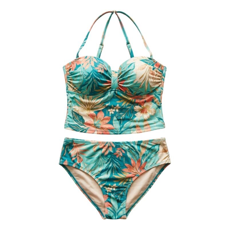 Front view of a woman wearing a tankini swimwear set, standing in a relaxed pose