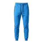 Blue-tone men’s tapered joggers, front view on a white background.