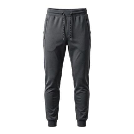 Tapered joggers pants, front view laid flat on a white background.