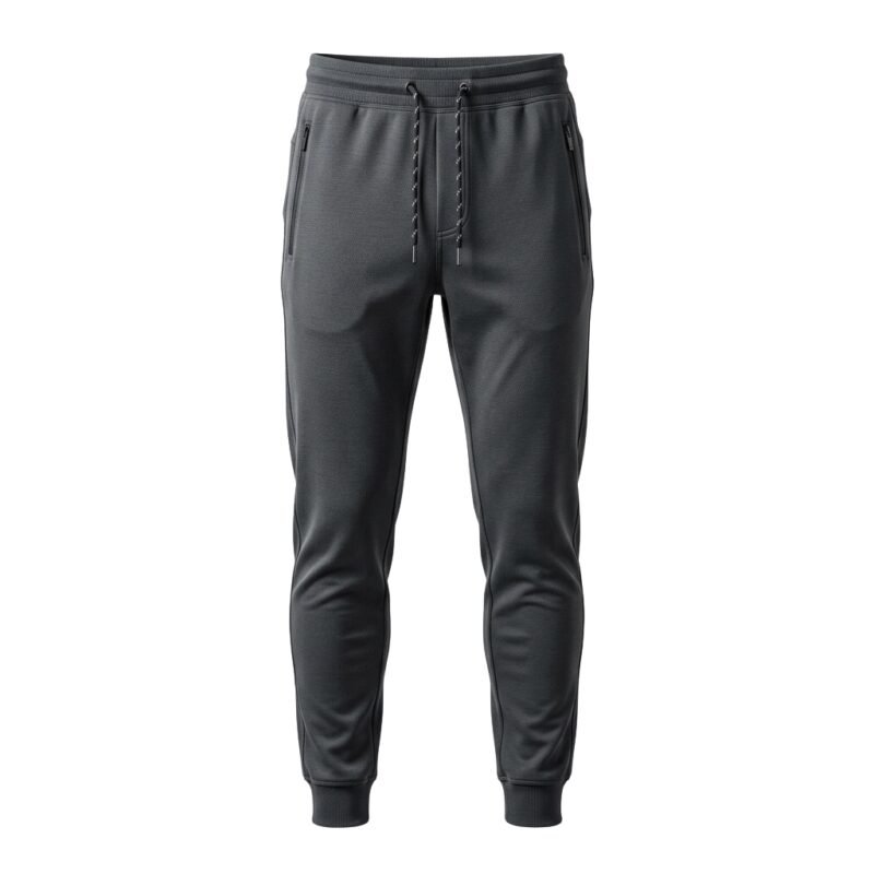 Tapered joggers pants, front view laid flat on a white background.