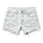 Light wash low rise denim shorts with heavy distressing, rips, frayed hem, and button fly, displayed on a white background.