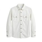 White long-sleeve denim shirt with brown buttons, two chest pockets with button flaps, displayed on a plain white background.