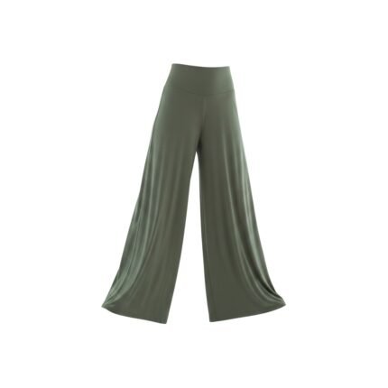 Front view of wide-leg yoga pants worn by a model, showing waistband, drape, and full length.