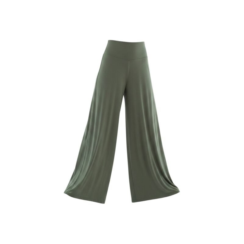 Front view of wide-leg yoga pants worn by a model, showing waistband, drape, and full length.