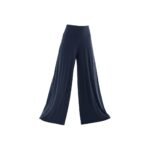 Wide-leg yoga pants in navy blue color, laid flat to show waistband, drape, and full length