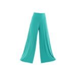Wide-leg yoga pants in teal color, laid flat to show waistband, drape, and full length