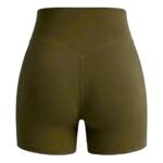 Dark golden brown women’s gym shorts laid flat, front view.
