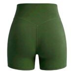 Lime green women’s gym shorts laid flat, front view.