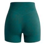Light teal women’s gym shorts laid flat, front view.