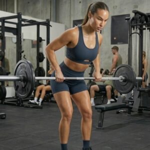 Woman wearing black women’s gym shorts and sports bra, posing in front of a gym-inspired background