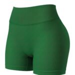 Women’s high-waisted yoga shorts in Green Crayola color, laid flat to show style and length