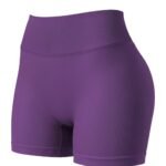 Women’s high-waisted yoga shorts in light purple color, laid flat to show style and length