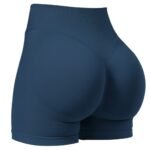 Back view of women’s high-waisted black yoga shorts showing waistband and coverage.