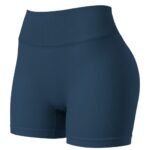 Front view of women’s high-waisted black yoga shorts showing fit and length on the body.