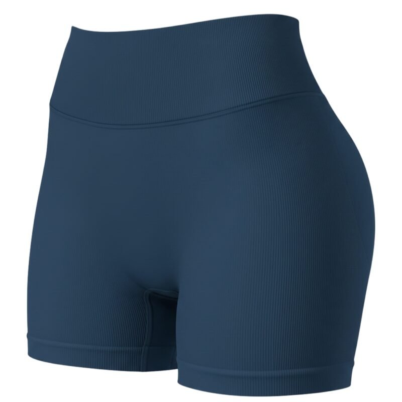 Front view of women’s high-waisted black yoga shorts showing fit and length on the body.