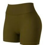 Women’s high-waisted yoga shorts in yellow-brown color, laid flat to show style and length