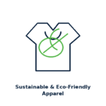 Sustainable and eco-friendly apparel icon showing t-shirt with leaf recycling symbol for green garment manufacturing