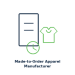 Made-to-order apparel manufacturer icon showing order clipboard, t-shirt, and time clock for custom on-demand clothing production