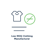 Low MOQ clothing manufacturer icon — t-shirt with low minimum order quantity symbol for white label apparel manufacturing