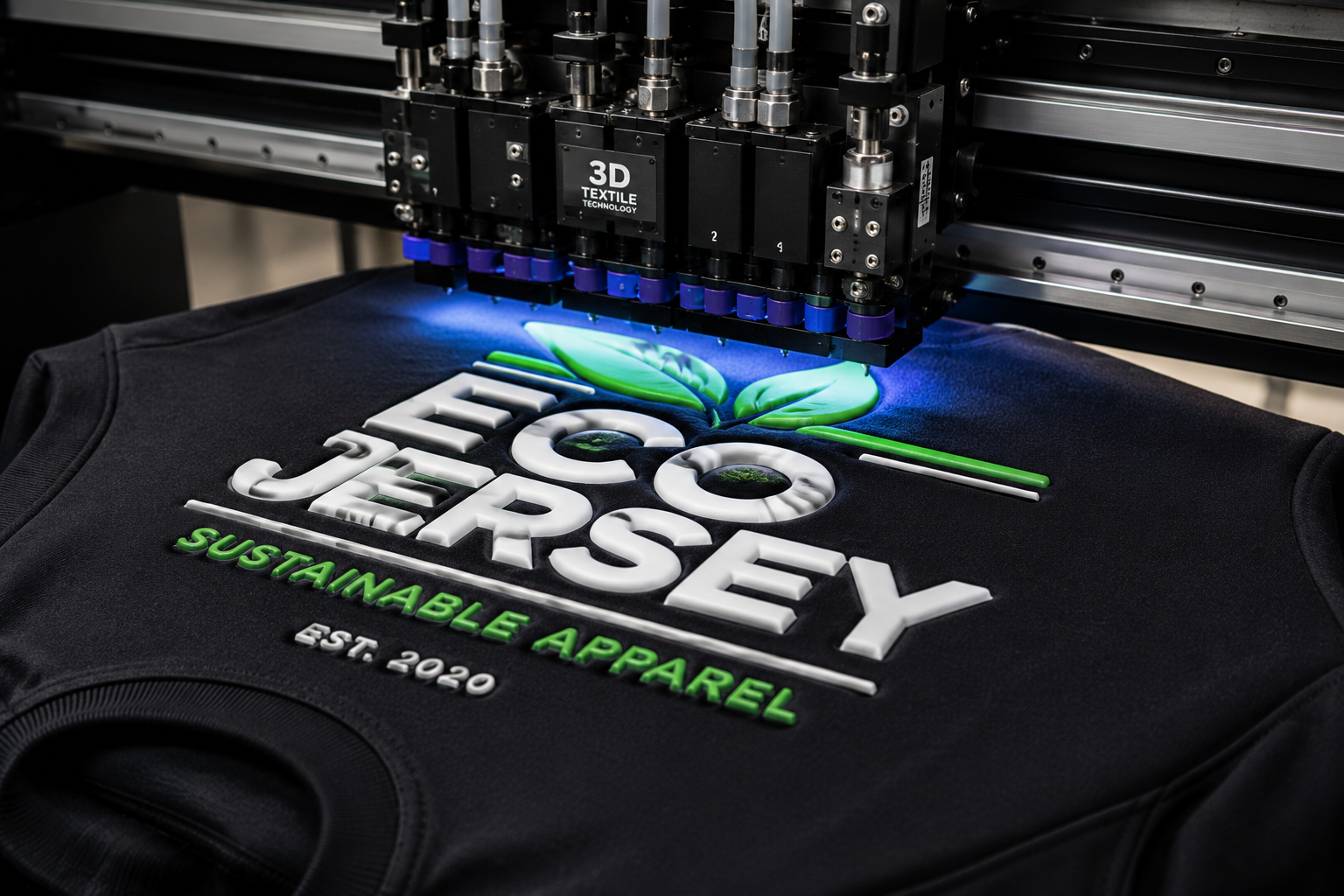 3D textile printing in action at Eco Jersey showing high-density silicone or rubberized 3D print being applied to a garment for a premium raised texture and dimensional branding effect for custom high-end apparel manufacturing