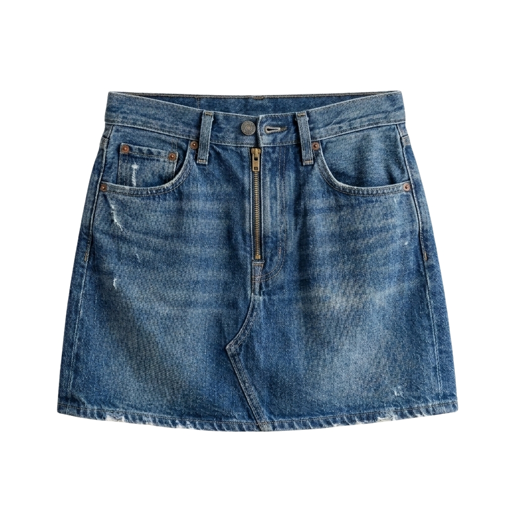 A studio-shot photograph of a medium-wash denim mini skirt with a front zipper, featuring a distressed, vintage-inspired aesthetic against a clean, minimalist white background Studio shot of custom medium-wash denim mini skirt with front zipper and distressed vintage aesthetic, manufactured by Eco Jersey Limited