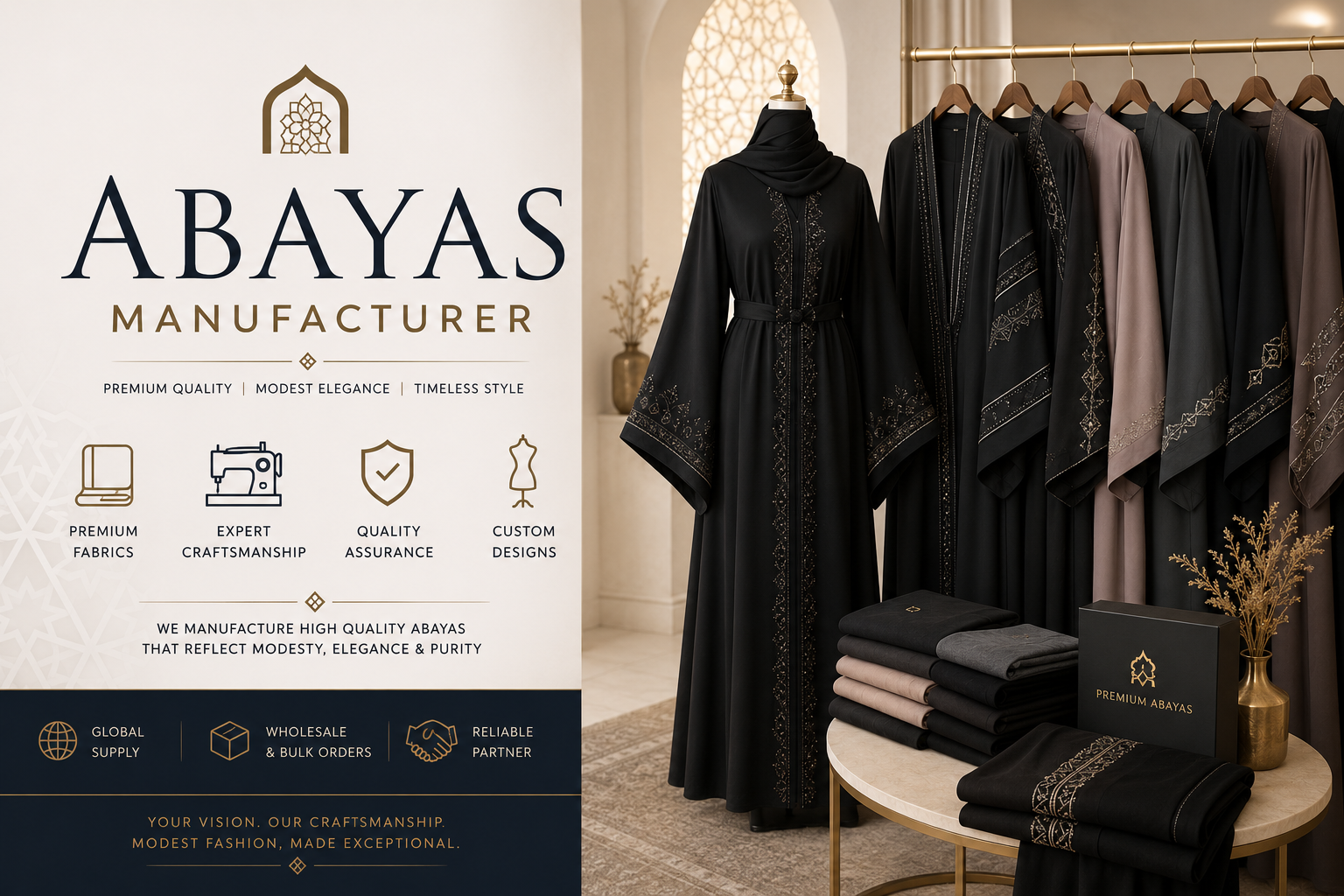 Custom abayas manufacturer banner showcasing elegant Islamic modest full-length robes for wholesale B2B orders, manufactured by Eco Jersey Limited