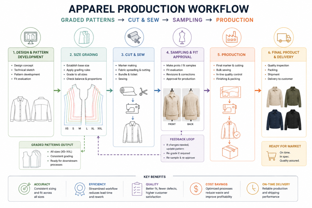 Workflow diagram showing graded patterns feeding into cut and sew, sampling, and production, with arrows and apparel icons, infographic style.
