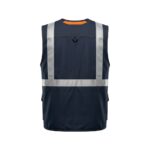Back view of navy safety vest on plain background.
