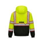 Back view of navy industrial workwear jacket with reflective tape on sleeves and across the back.