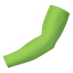 Single green badminton compression arm sleeve laid flat, showing the smooth, stretchy fabric and tapered ergonomic shape designed to support forearm and elbow muscles.