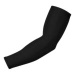 Single black badminton compression arm sleeve laid flat, showing the smooth, stretchy fabric and tapered ergonomic shape designed to support forearm and elbow muscles.