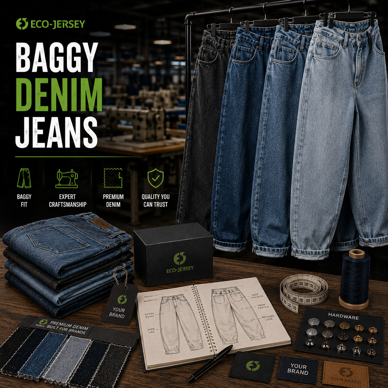 Custom baggy denim jeans with wide-leg streetwear fit for urban fashion and hip-hop style, manufactured by Eco Jersey Limited