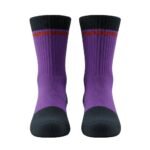 Pair of dark purple basketball soft socks laid flat, showing the calf-length design, ribbed cuffs, and small logo icon near the top.