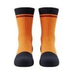 Pair of orange basketball soft socks laid flat, showing the calf-length design, ribbed cuffs, and small logo icon near the top.