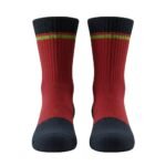 Pair of rust red basketball soft socks laid flat, showing the calf-length design, ribbed cuffs, and small logo icon near the top.