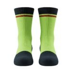 Pair of yellow-green basketball soft socks laid flat, showing the calf-length design, ribbed cuffs, and small logo icon near the top.