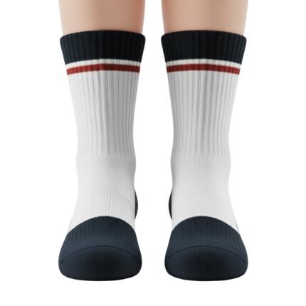 Model wearing yellow-green basketball soft socks, standing to show the calf-length fit, ribbed cuffs, and small logo icon near the top.