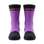 Pair of muted purple basketball soft socks laid flat, showing the calf-length design, ribbed cuffs, and small logo icon near the top.